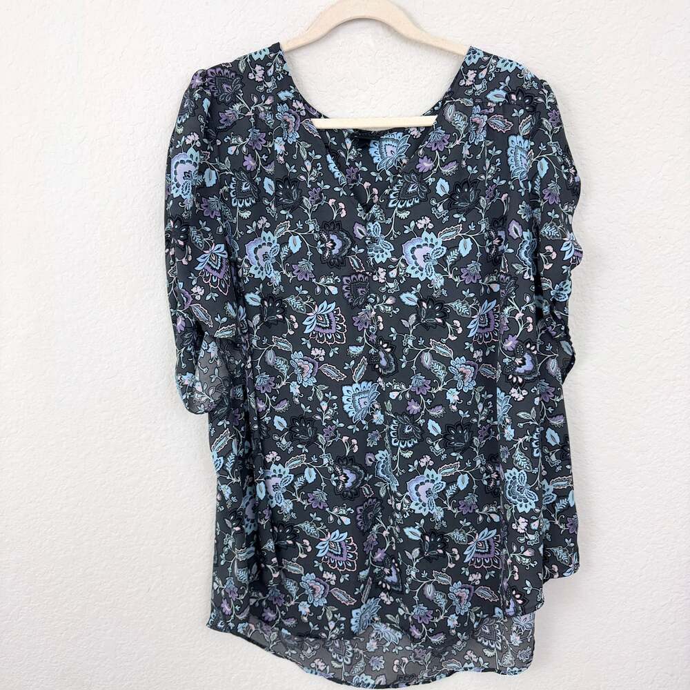 Torrid Womens Harper Georgette Blouse Top Size 4X Floral Ruched Sleeve Blue